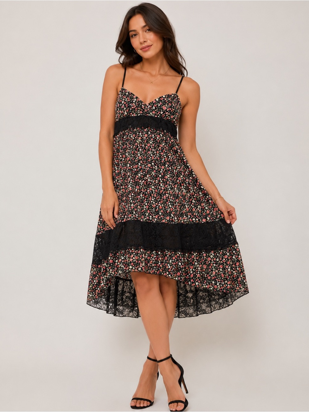 bebe Black Floral Lace-Trim High-Low Dress
